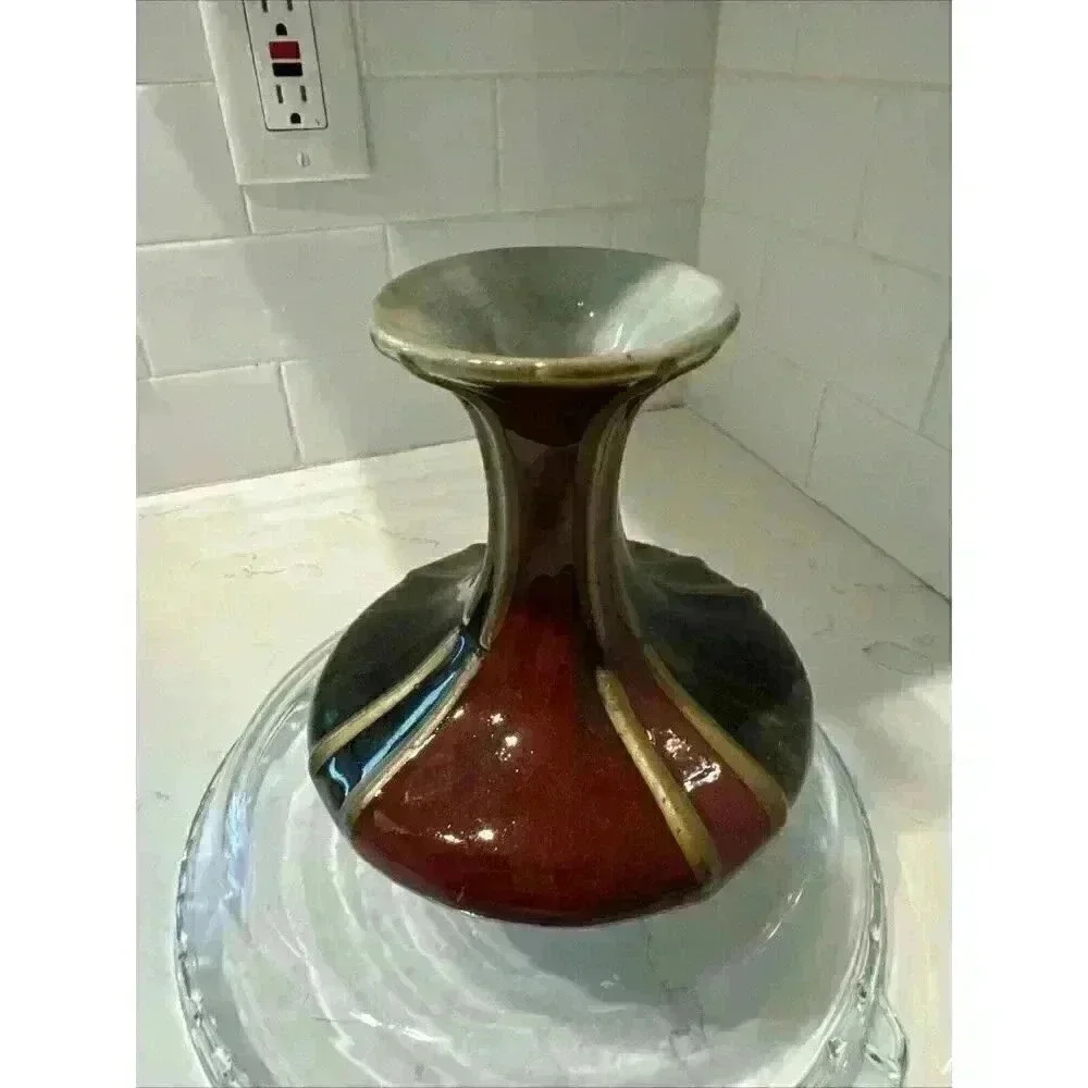 Fabulous Pottery Vase Red Olive Glaze Gold Stripes 6.5